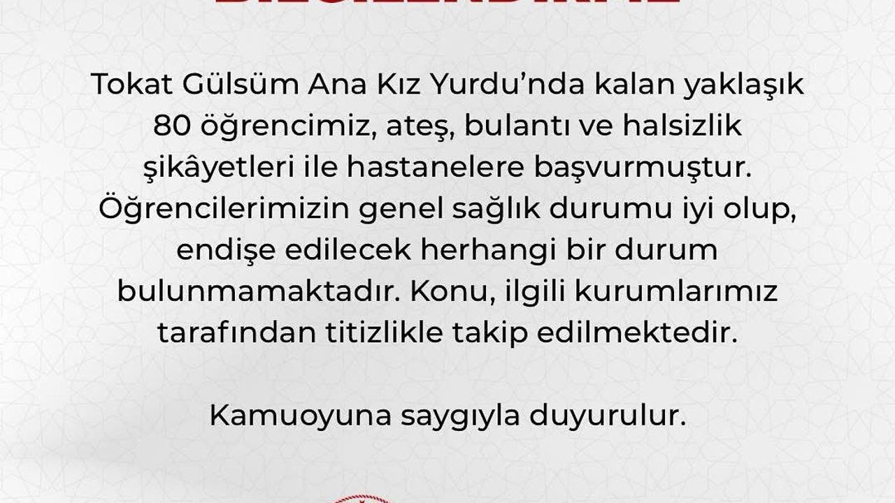 Tokat’ta yurtta kalan 80 öğrenci hastanelik oldu