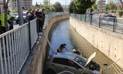 Otomobil bariyerleri kırıp sulama kanalına düştü