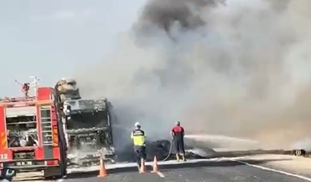 Ceylanpınar'da TIR seyir halinde yandı