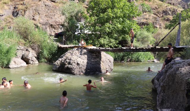 Erzurum'daki sıcaklarda çaya girip serinliyorlar