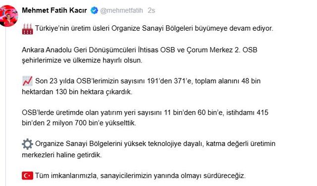 '23 Yılda OSB'lerin Sayısını 371'e Çıkardık'