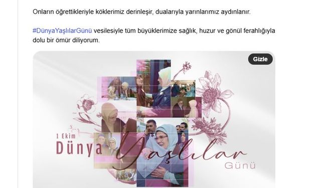 Emine Erdoğan'dan Dünya Yaşlılar Günü mesajı