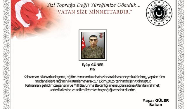 MSB: Piyade Er Eyüp Güner şehit oldu
