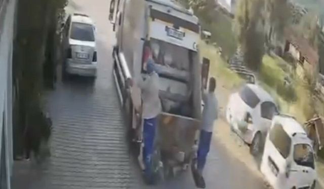 Çöp konteyneri çöp kamyonunu peşinden sürüklendi