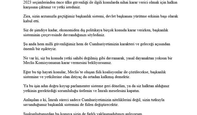 Dervişoğlu'ndan Cumhurbaşkanı Erdoğan'a 'İmralı' mektubu
