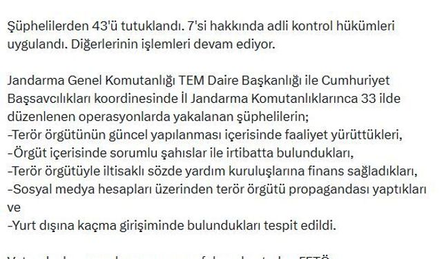 İçişleri Bakanlığı duyurdu: 33 ilde FETÖ operasyonu, 43 tutuklama
