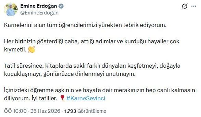 Emine Erdoğan'dan karne alan öğrencilere tebrik mesajı