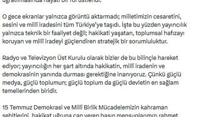 RTÜK Başkanı'ndan '15 Temmuz' mesajı