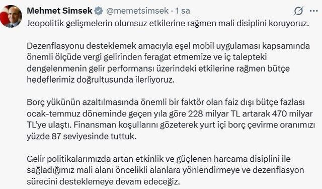Bakan Şimşek'ten dezenflasyon süreci açıklaması