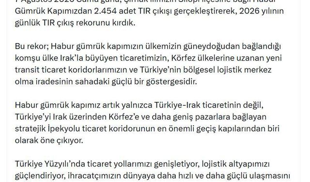 Habur Gümrük Kapısı’nda 2026’nın günlük TIR çıkış rekoru kırıldı