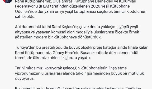 Rami Kütüphanesi dünyanın en iyi yeşil kütüphanesi oldu