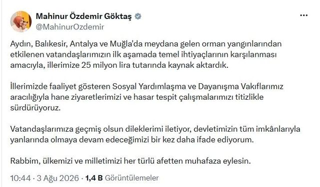 Yangından etkilenen vatandaşlara 25 milyon yardım yapıldı