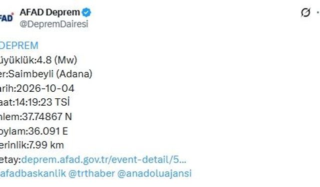 Adana'da 4.8 büyüklüğünde deprem meydana geldi