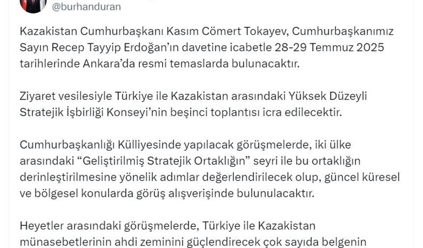 Kasım Cömert Tokayev Türkiye'ye gelecek
