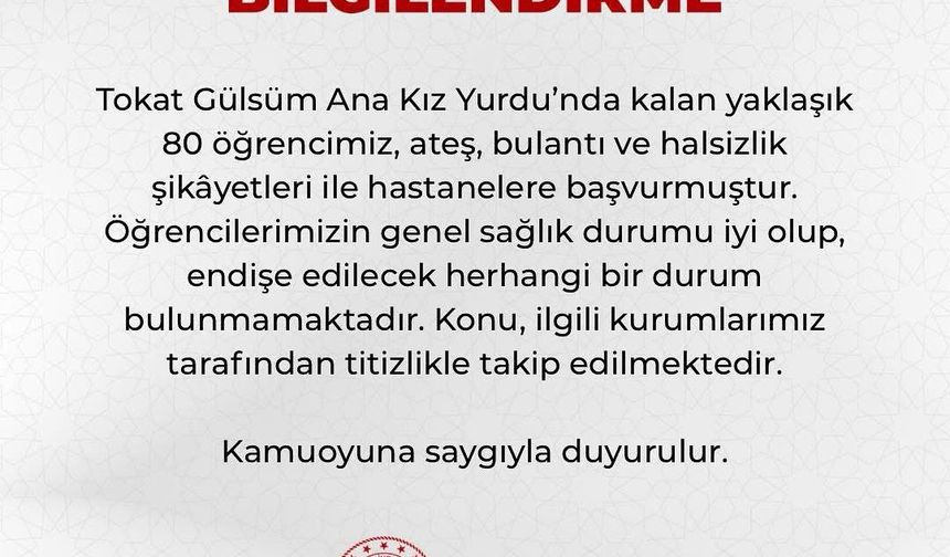 Tokat’ta yurtta kalan 80 öğrenci hastanelik oldu