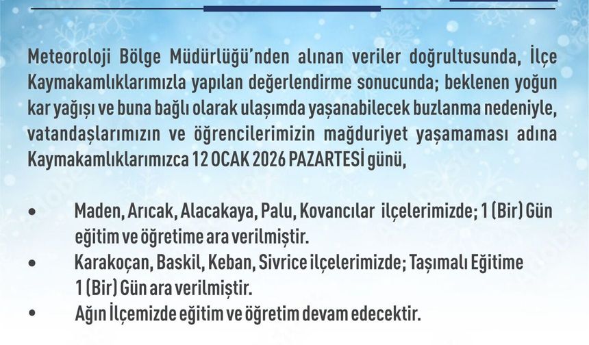 Elazığ'da okullarda kar tatili