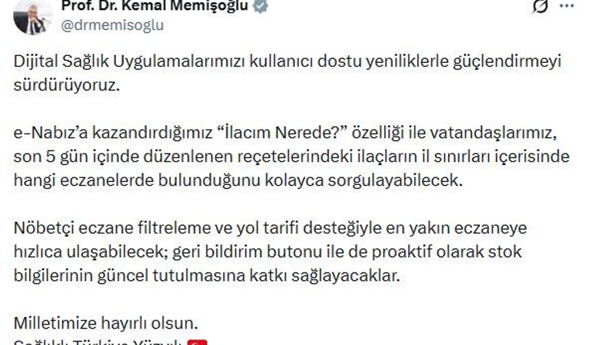 e-Nabız sistemine 'İlacım Nerede' özelliği eklendi
