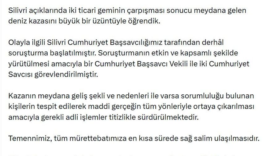 Bakan Gürlek duyurdu: Silivri'deki gemi kazasıyla ilgili soruşturma başlatıldı