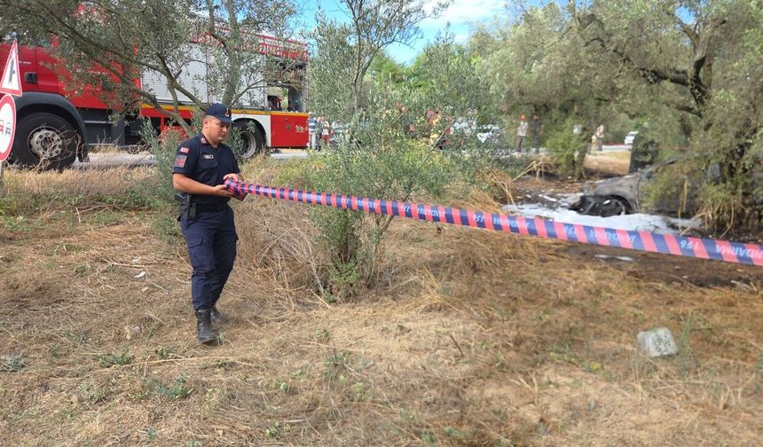 Zeytin ağacına çarpan otomobil alev aldı; 1 ölü, 1'i çocuk 5 yaralı