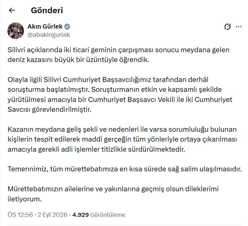 Bakan Gürlek duyurdu: Silivri'deki gemi kazasıyla ilgili soruşturma başlatıldı