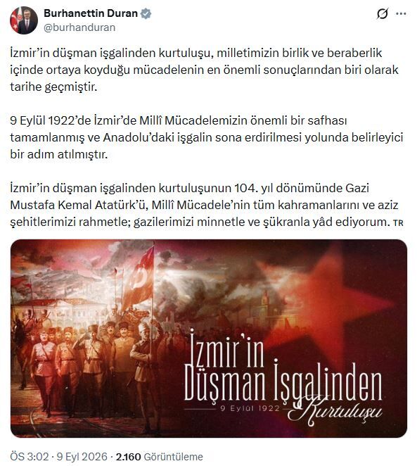 Burhanettin Duran'dan 'İzmir'in kurtuluş yıl dönümü' mesajı